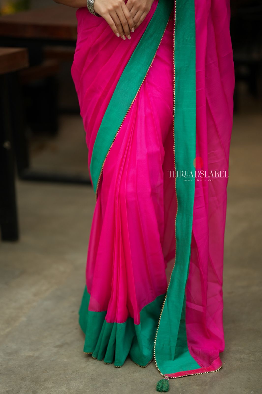 Pink organza saree with floral hand work blouse