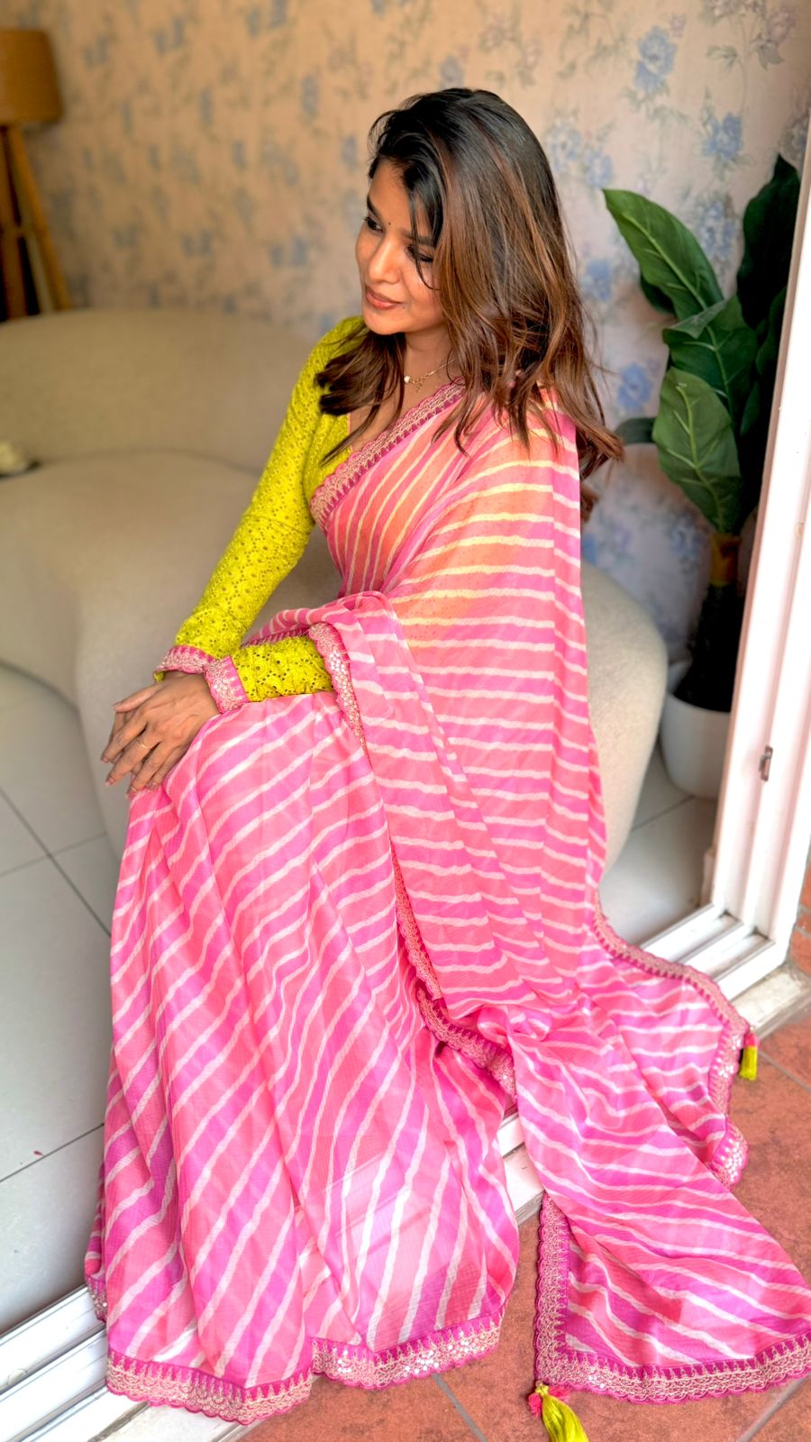 Pink lehariya saree with green hakoba embroidery blouse