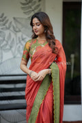 Orange rust mul cotton saree with kalamkari mirror blouse