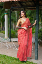 Orange rust saree with tissue handwork blouse