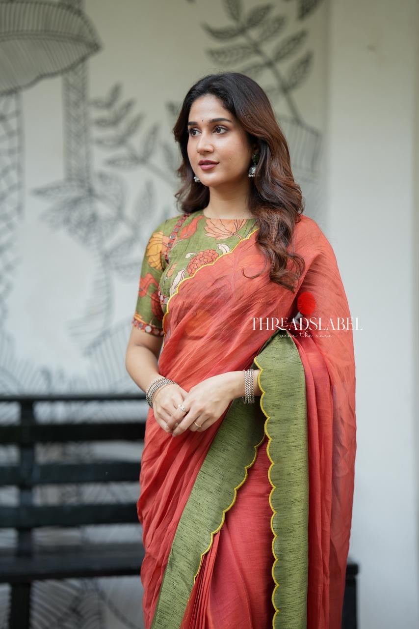Orange rust mul cotton saree with kalamkari mirror blouse