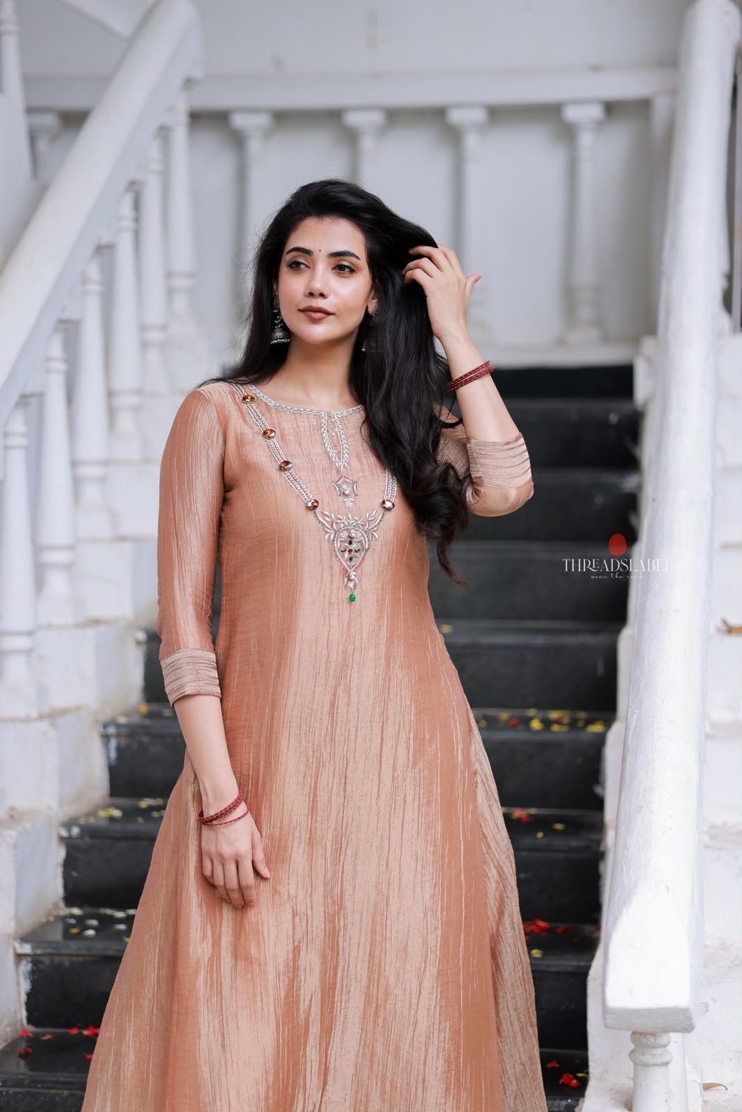 Peach tissue JEWEL NECK kurti