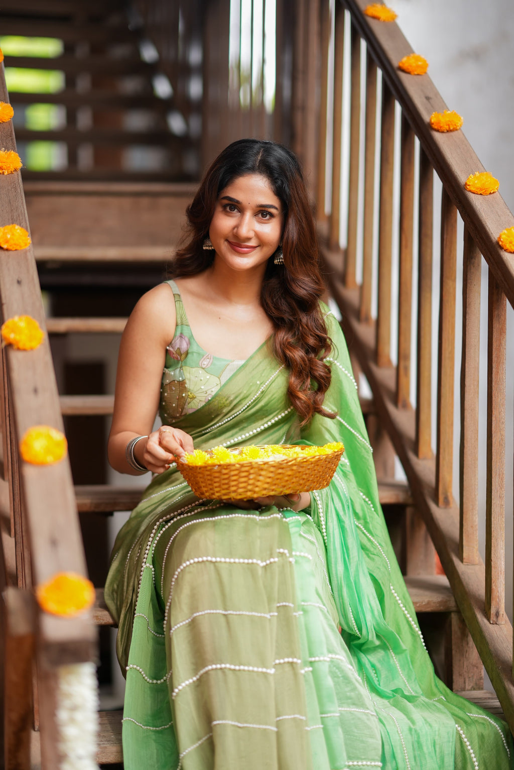 Multi Green Mul Chanderi Saree with Handwork Blouse