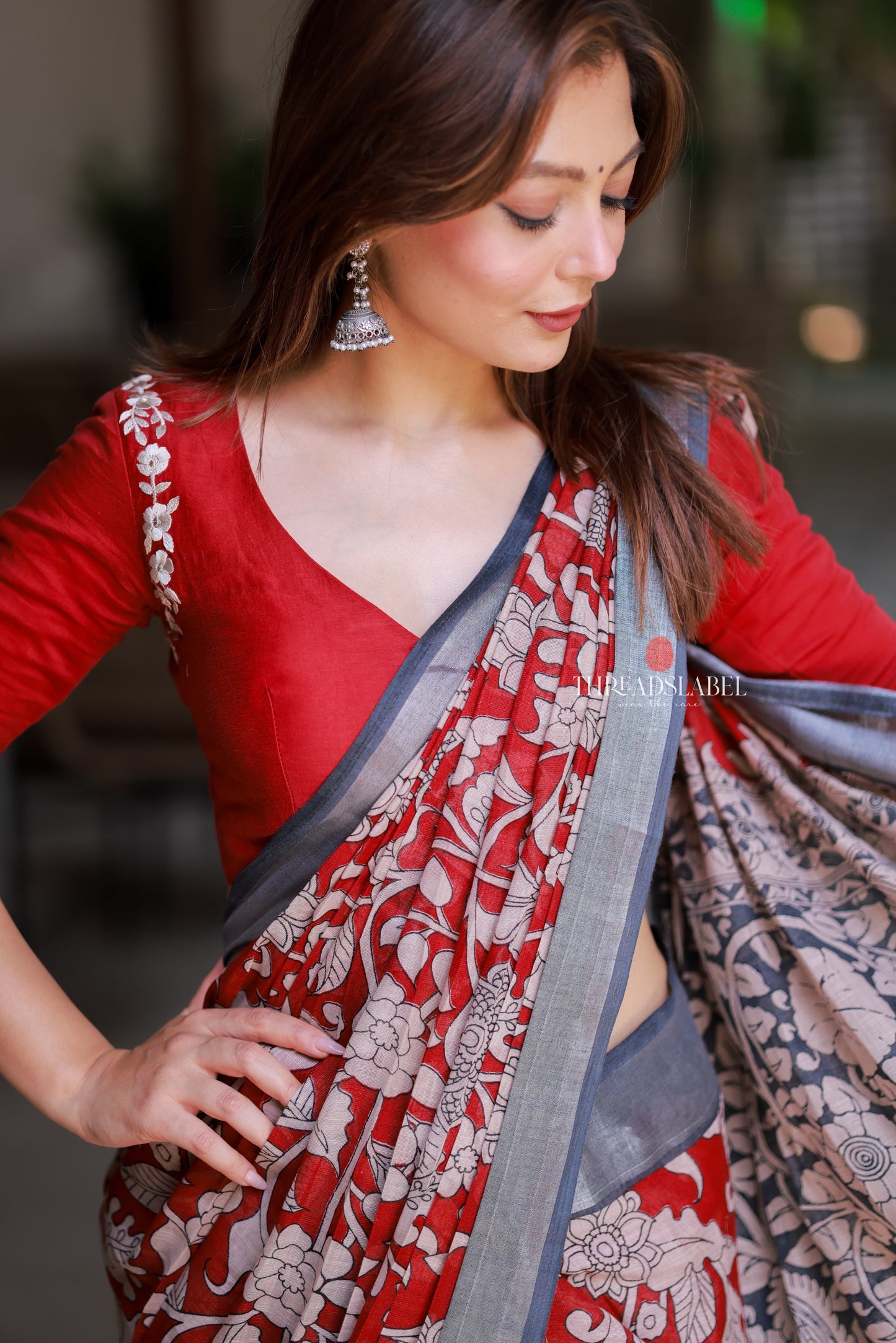 Reddish maroon linen cotton kalamkari saree with embroidery blouse