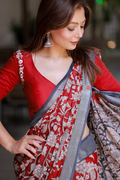 Reddish maroon linen cotton kalamkari saree with embroidery blouse