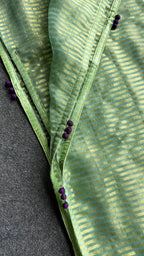 Green stripped tissue saree with purple floral hand work blouse