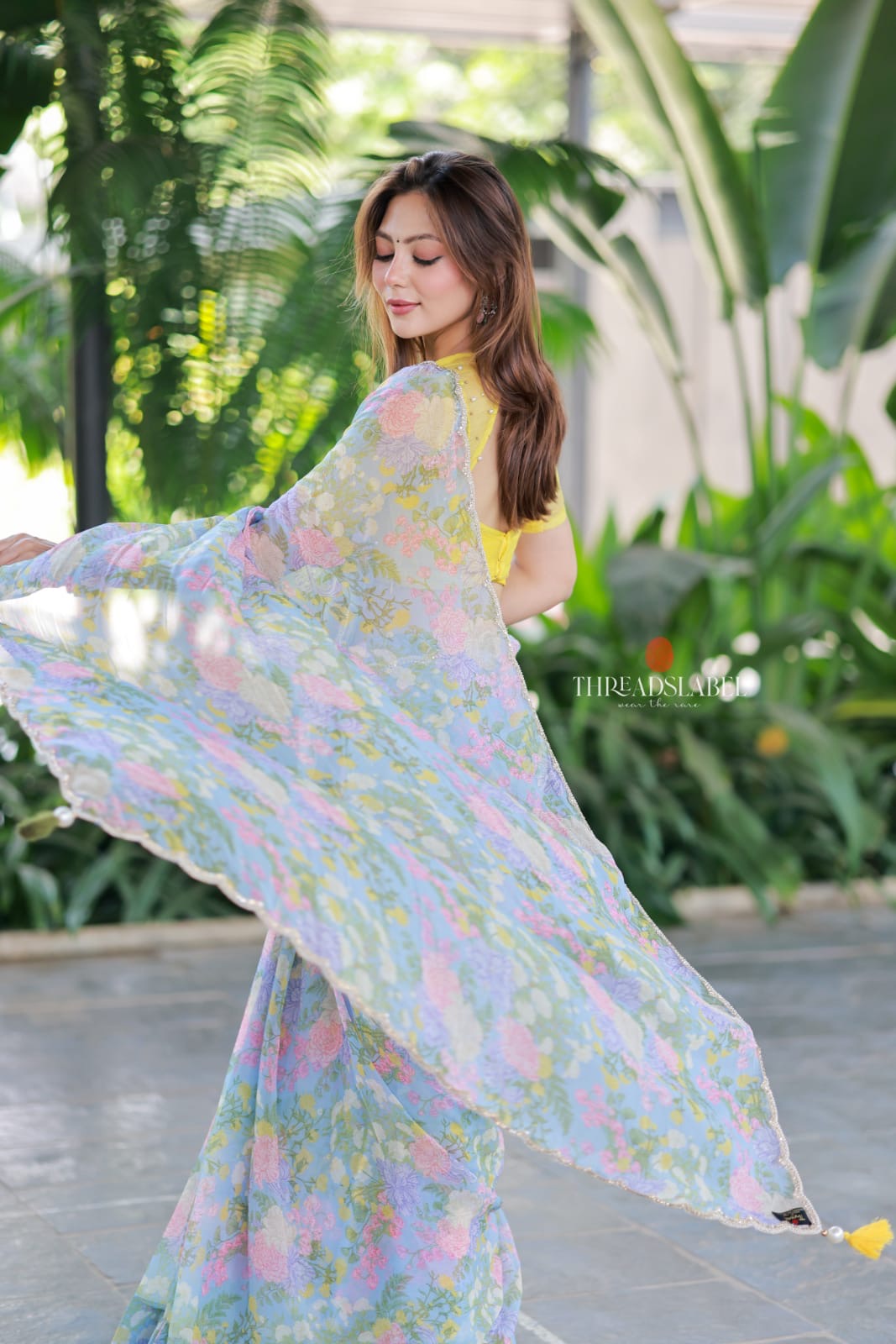 Light Blue chiffon saree with hand work blouse