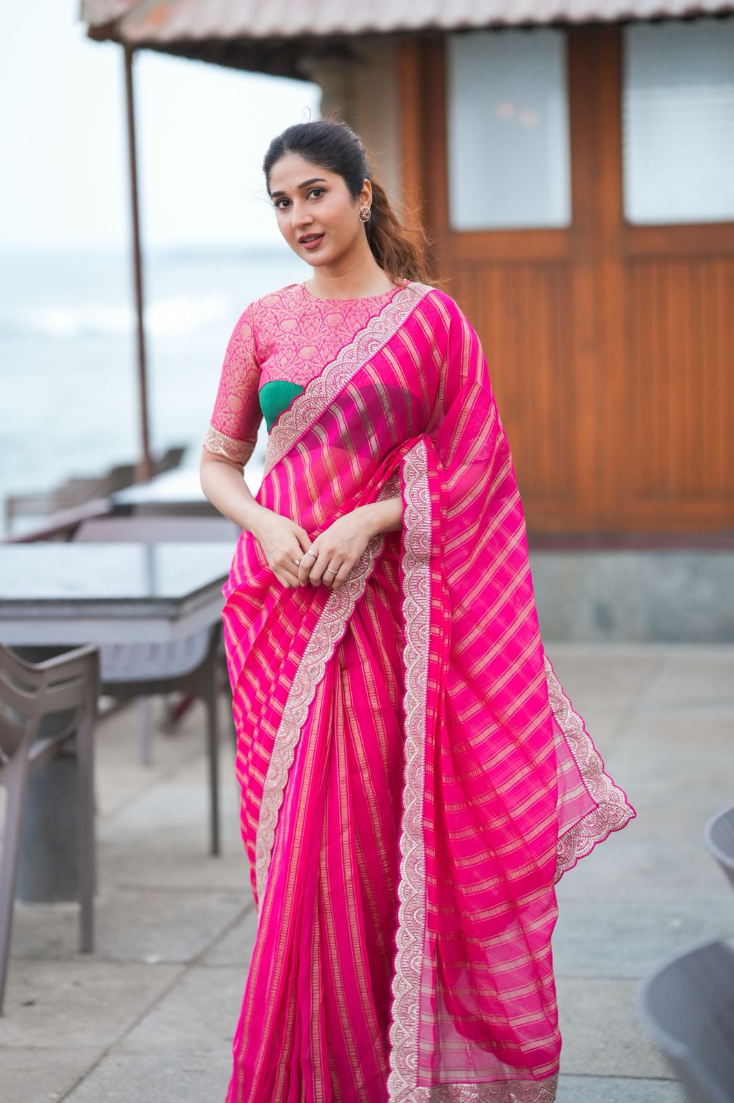 Pink organza silk saree with banarasi blouse