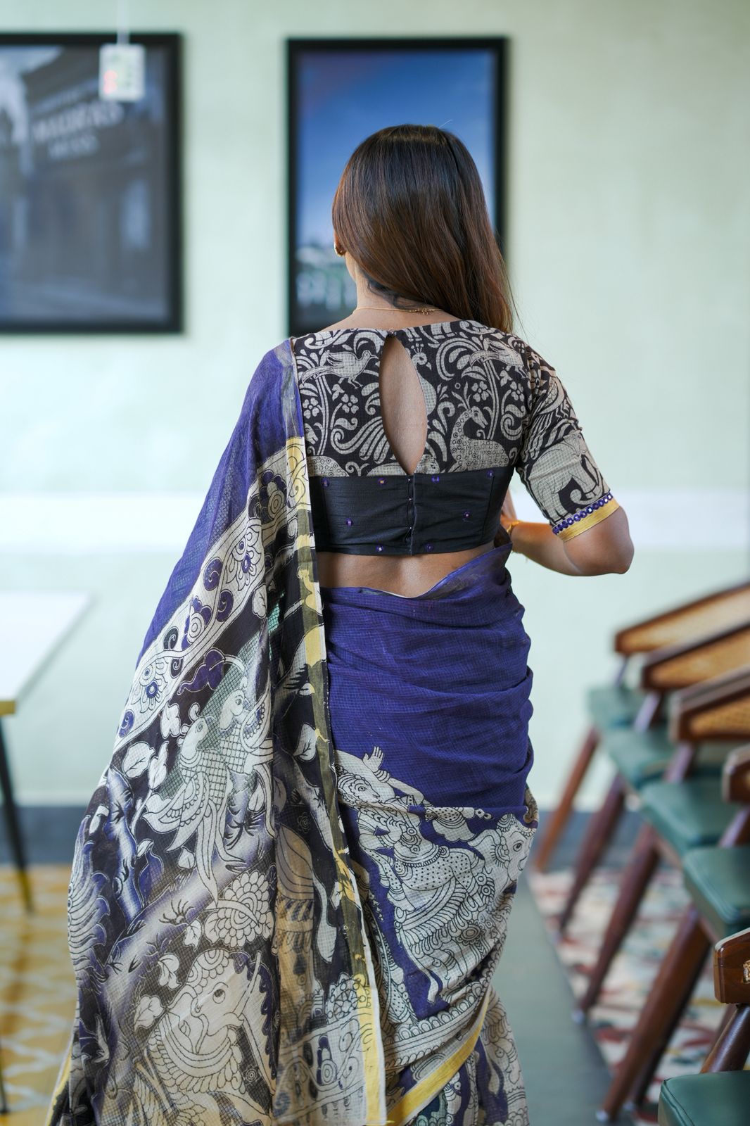 Purple kota saree with kalamkari work blouse