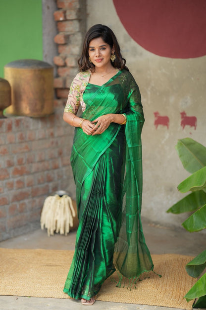 Green soft tissue saree with embroidered blouse