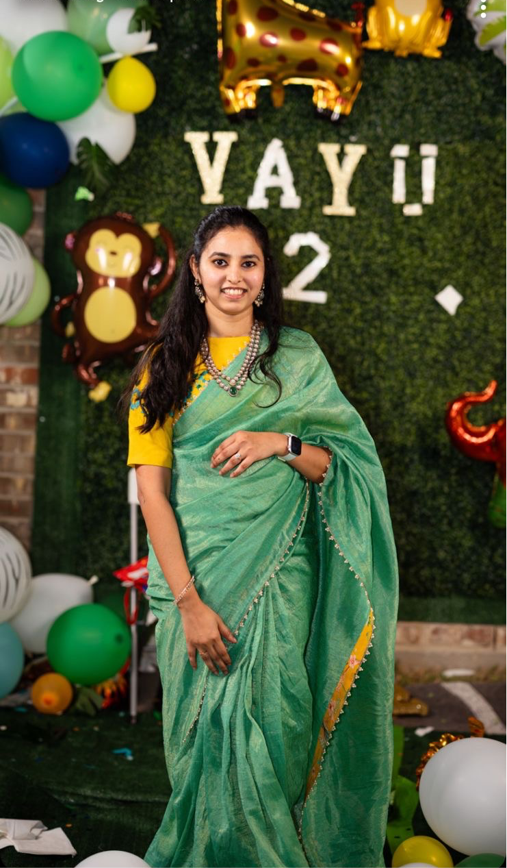 Rama green tissue saree with embroidery work blouse