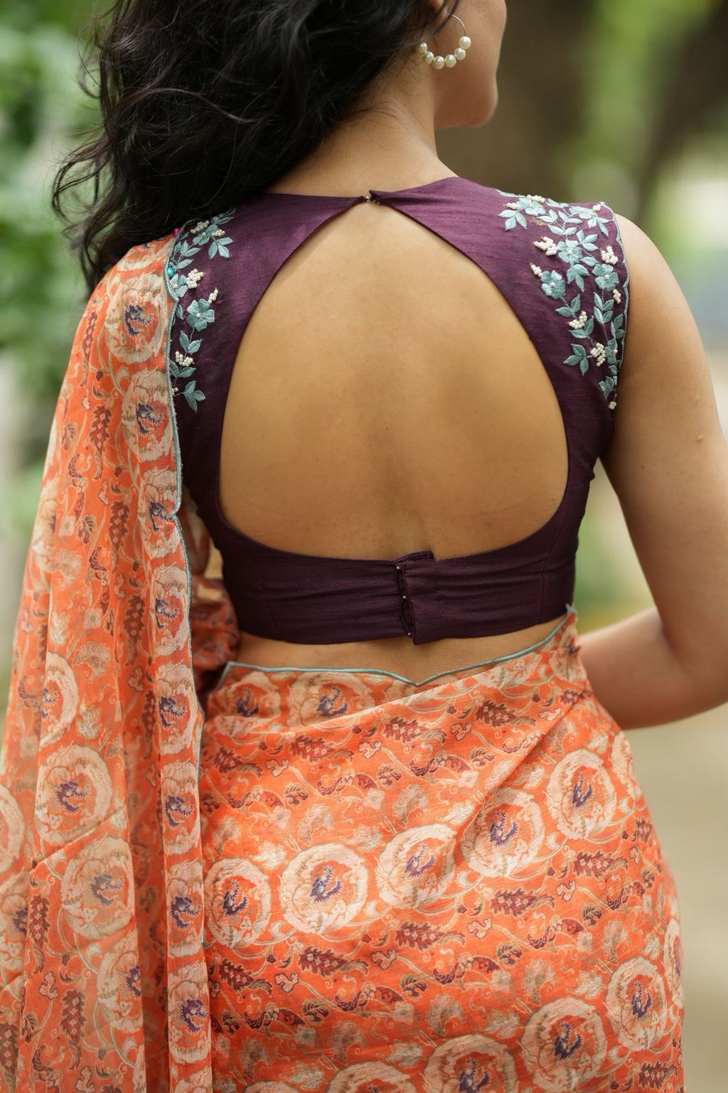 Pastel peach chiffon saree with brown hand work blouse