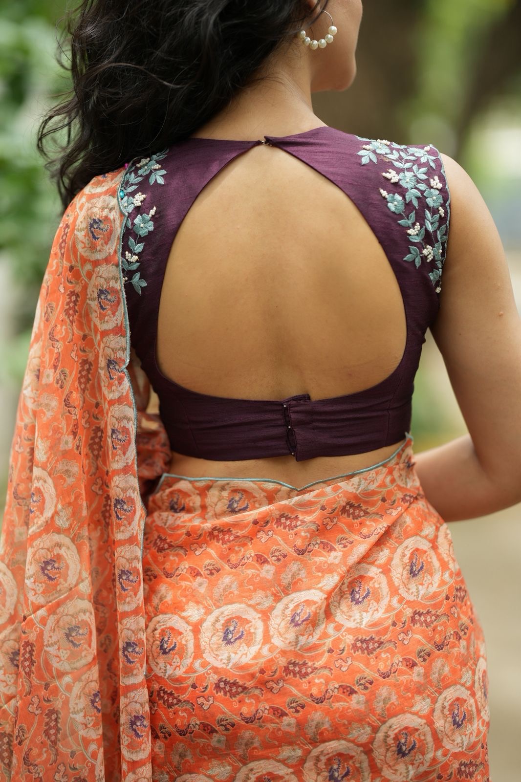 Pastel peach chiffon saree with brown hand work blouse