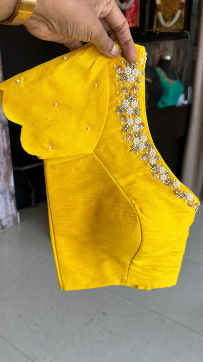Yellow viscose floral saree with hand worked blouse