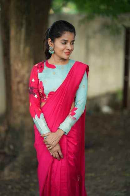 Pink marble silk saree with  embroidery blouseq