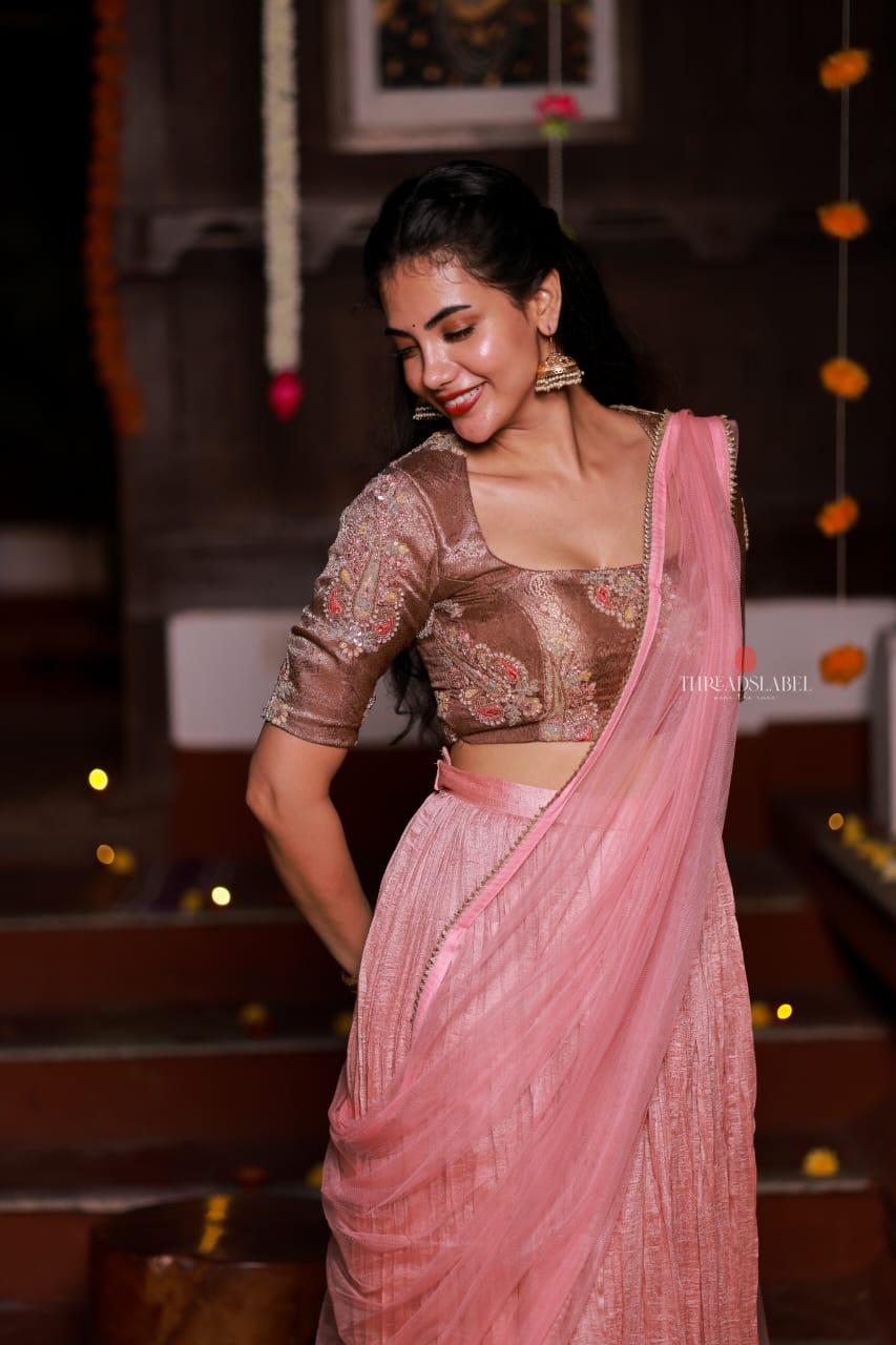 Pink marble silk lehenga with handwork blouse