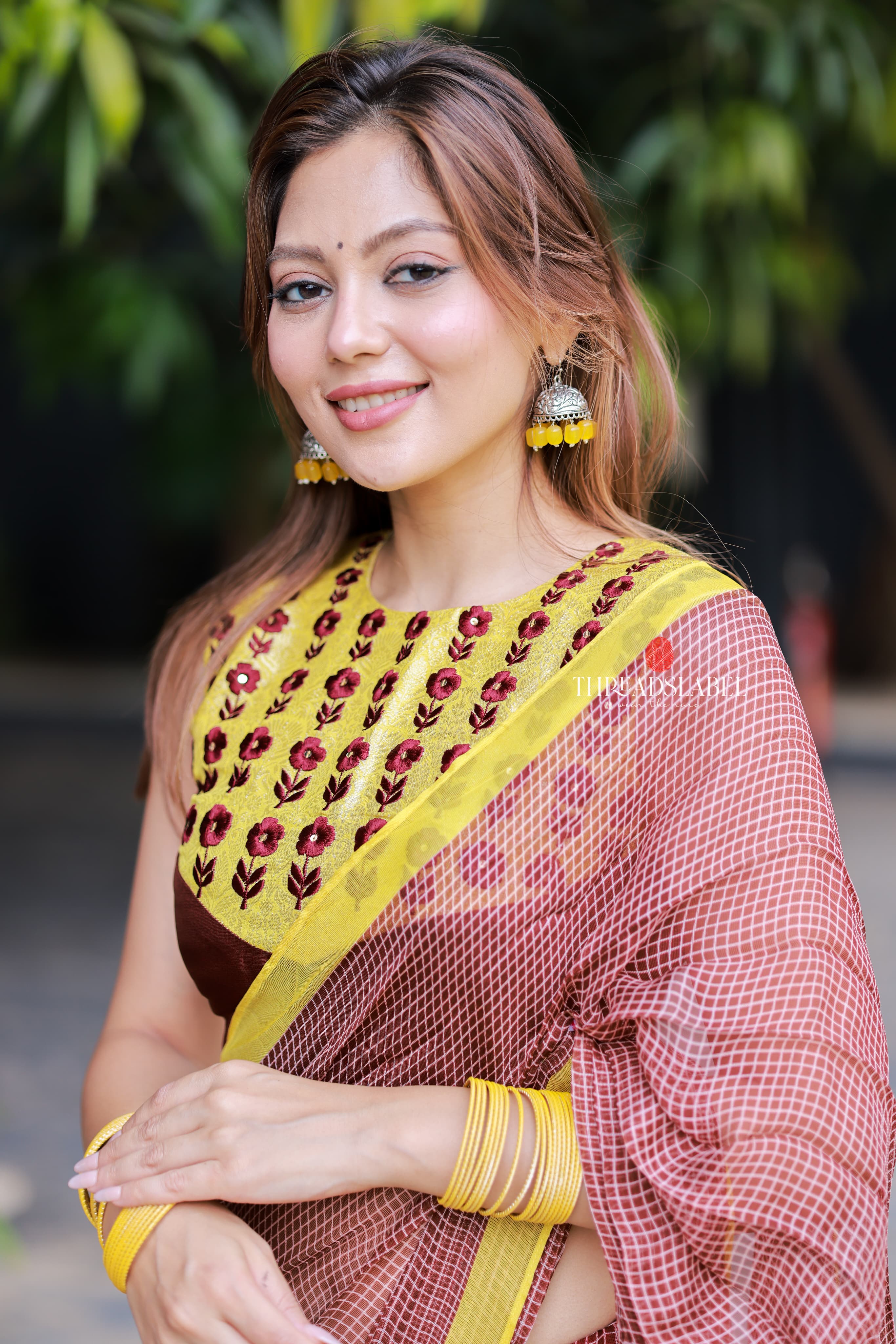 Brown jute saree with banarasi hand work blouse