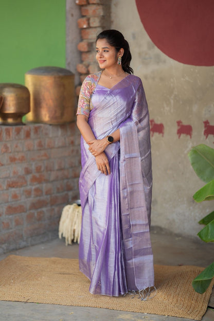 Lavender soft tissue saree with embroidered blouse