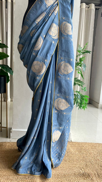 Blue banarasi silk saree with yellow embroidery blouse