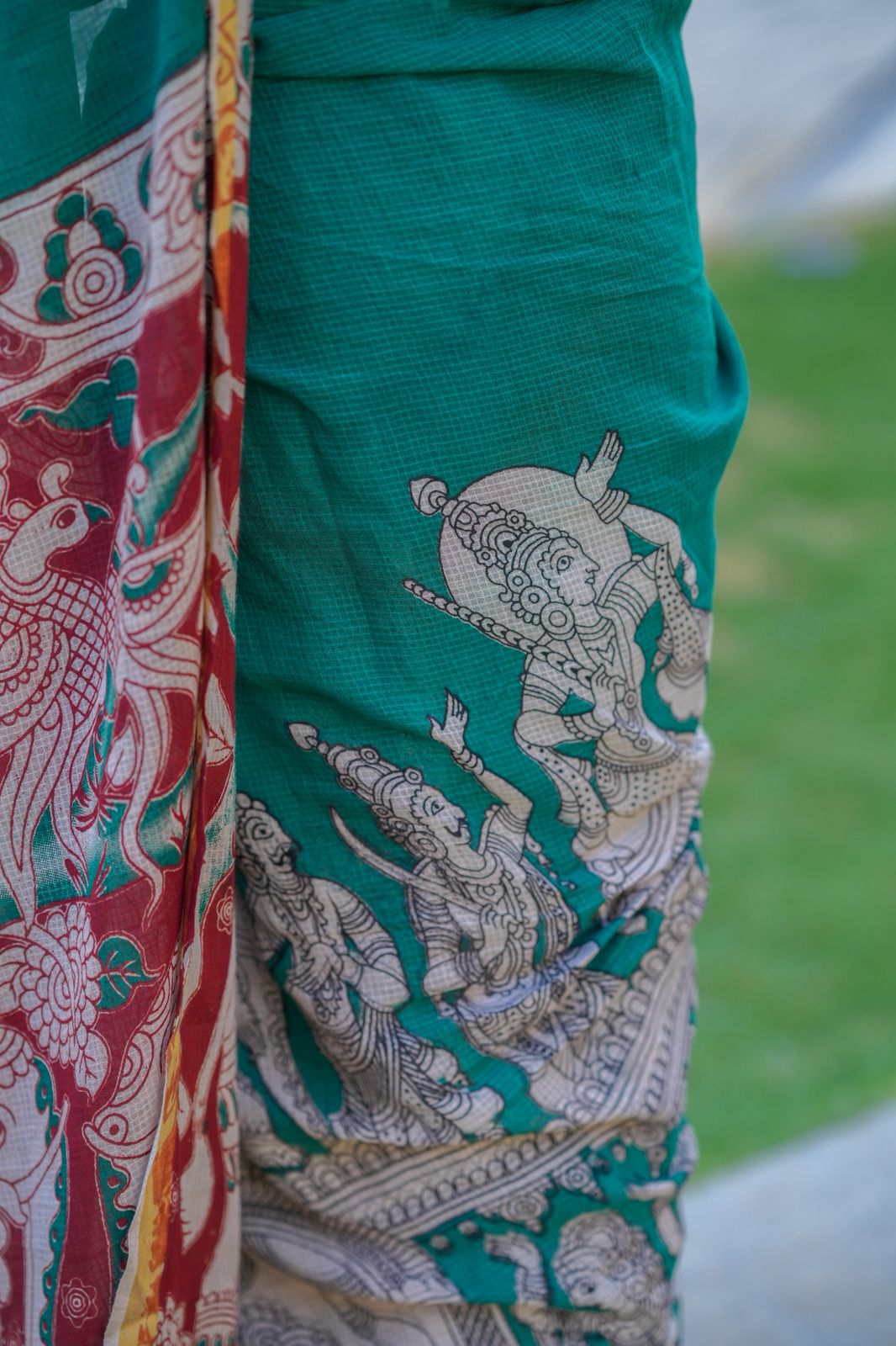 Green kota saree with kalamkari work blouse