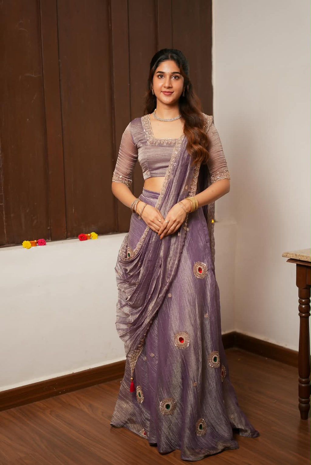 Lavender tissue handmade lehenga with blouse