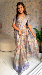 Smokey grey linen cotton kalamkari saree with pearl work blouse
