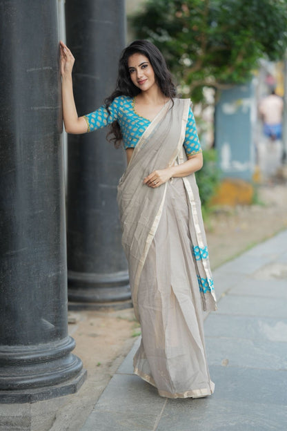 Grey pure kota saree with blue hand work blouse