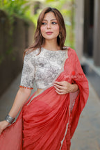 Orange rust saree with pearl work blouse