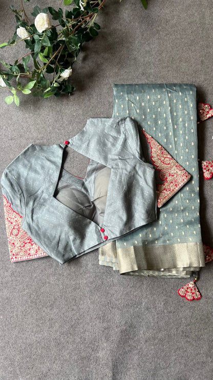 Grey banarasi saree with heavy embroidery blouse