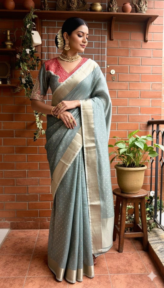 Grey banarasi saree with heavy embroidery blouse