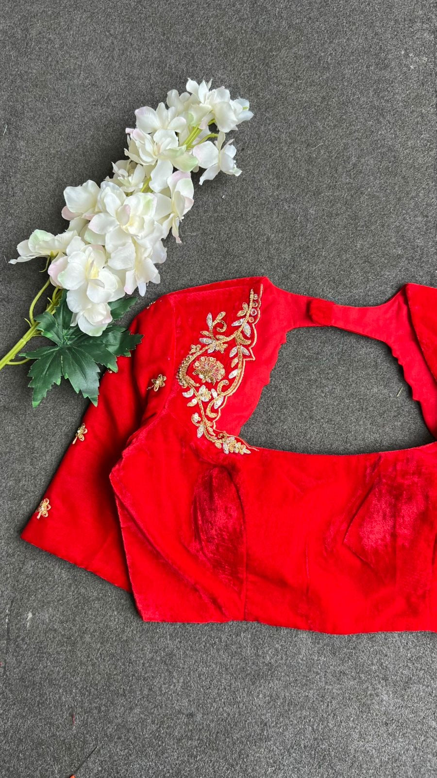 Red velvet heavy hand work blouse