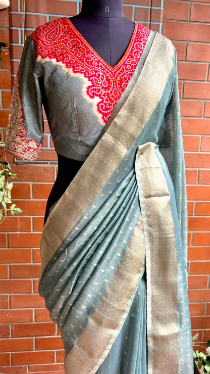 Grey banarasi saree with heavy embroidery blouse