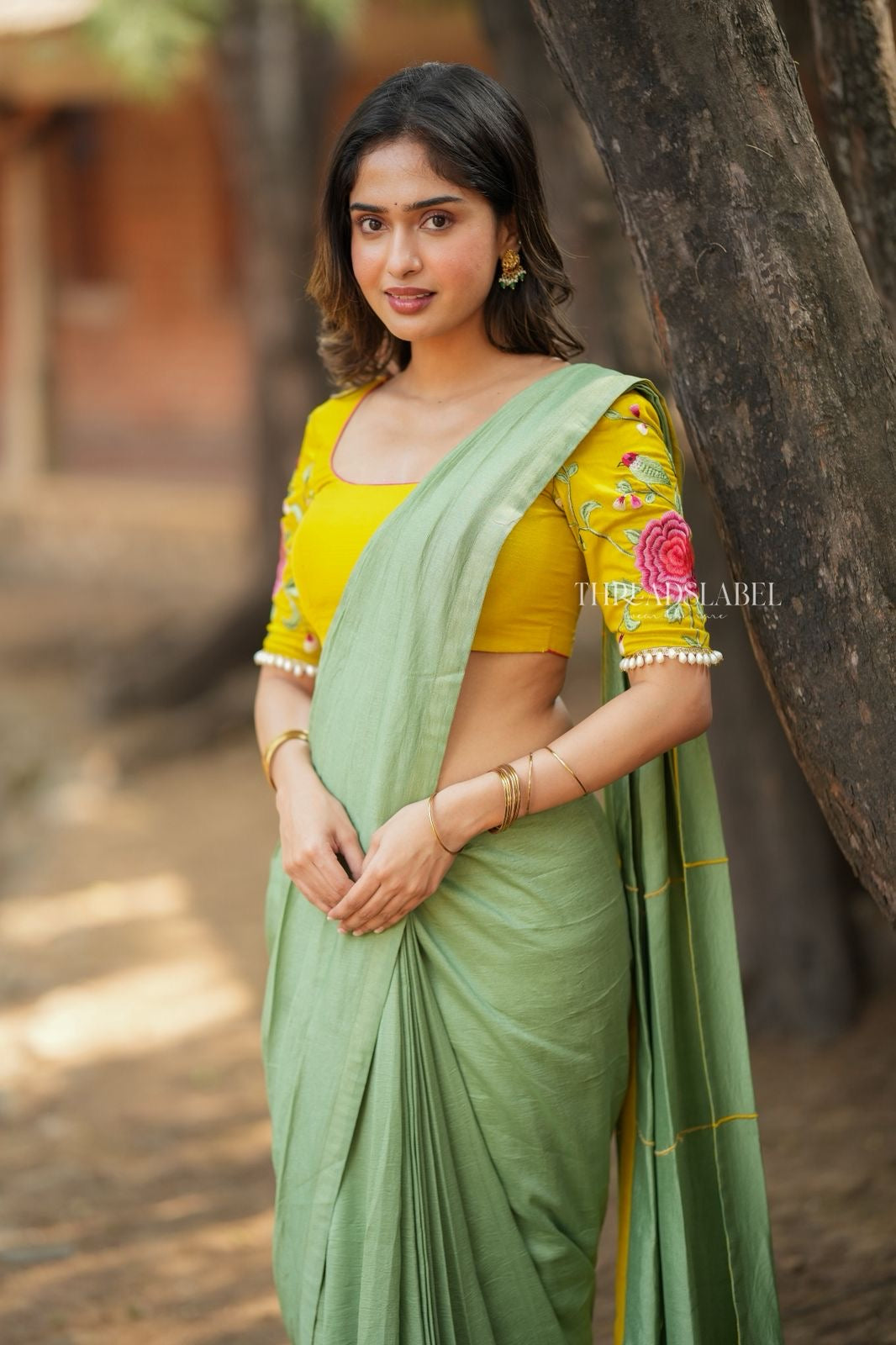 Green marble silk saree with embroidery blouse