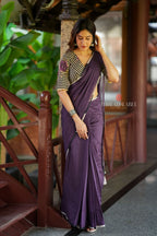 Deep purple mul cotton saree with hand block print blouse