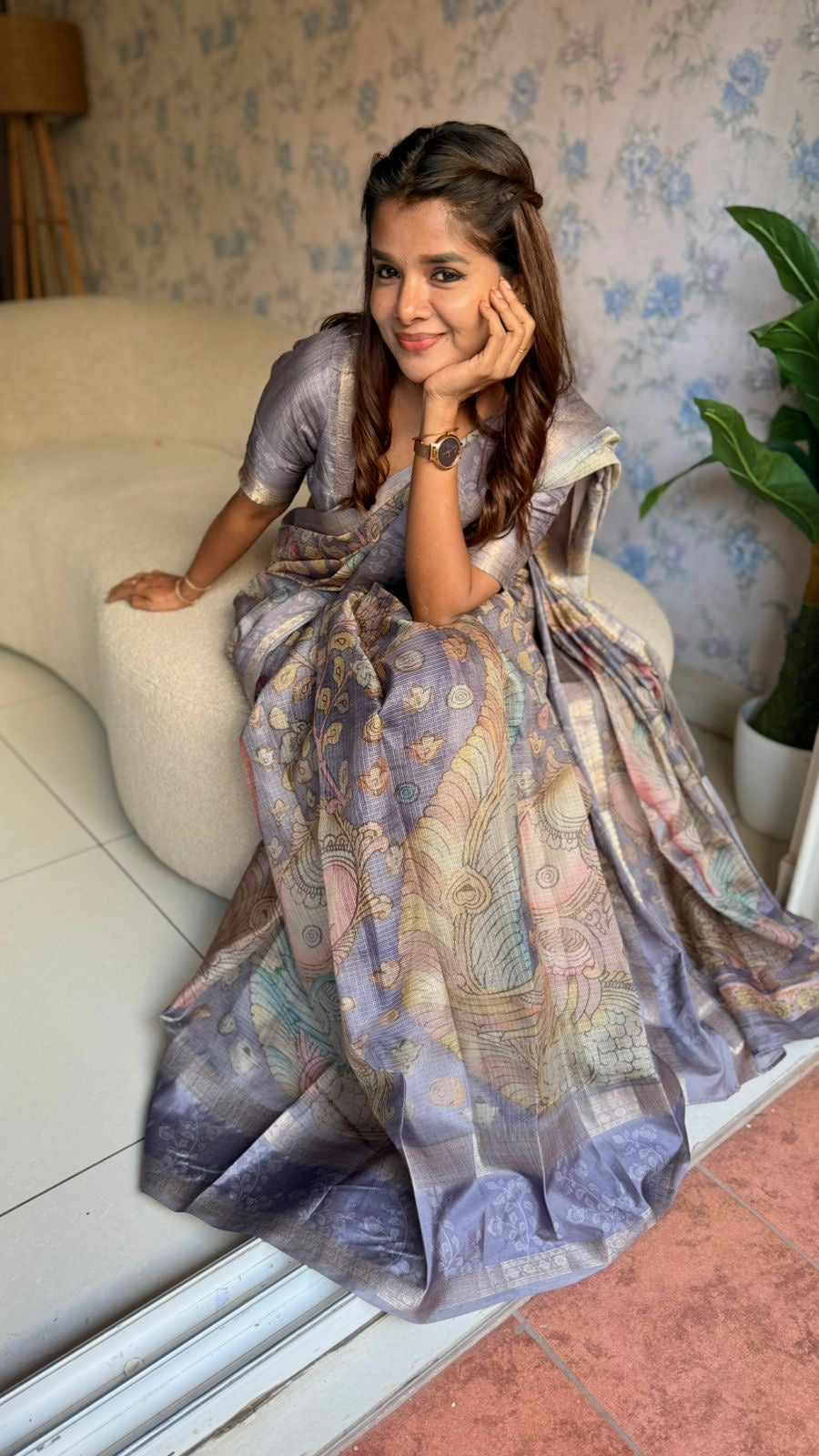 Smokey grey linen cotton kalamkari saree with pearl work blouse