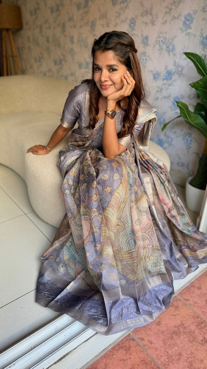 Smokey grey linen cotton kalamkari saree with pearl work blouse