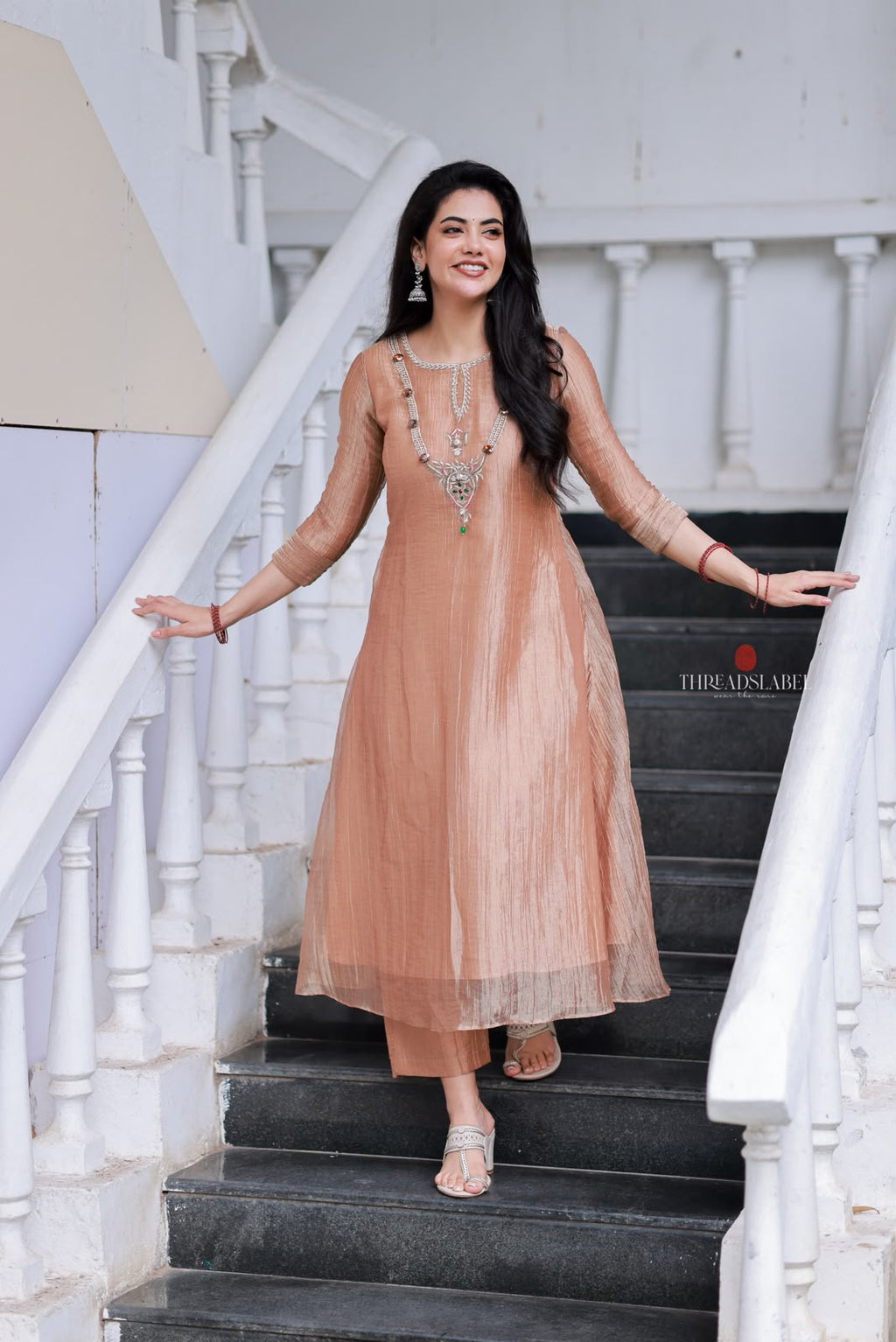 Peach tissue JEWEL NECK kurti
