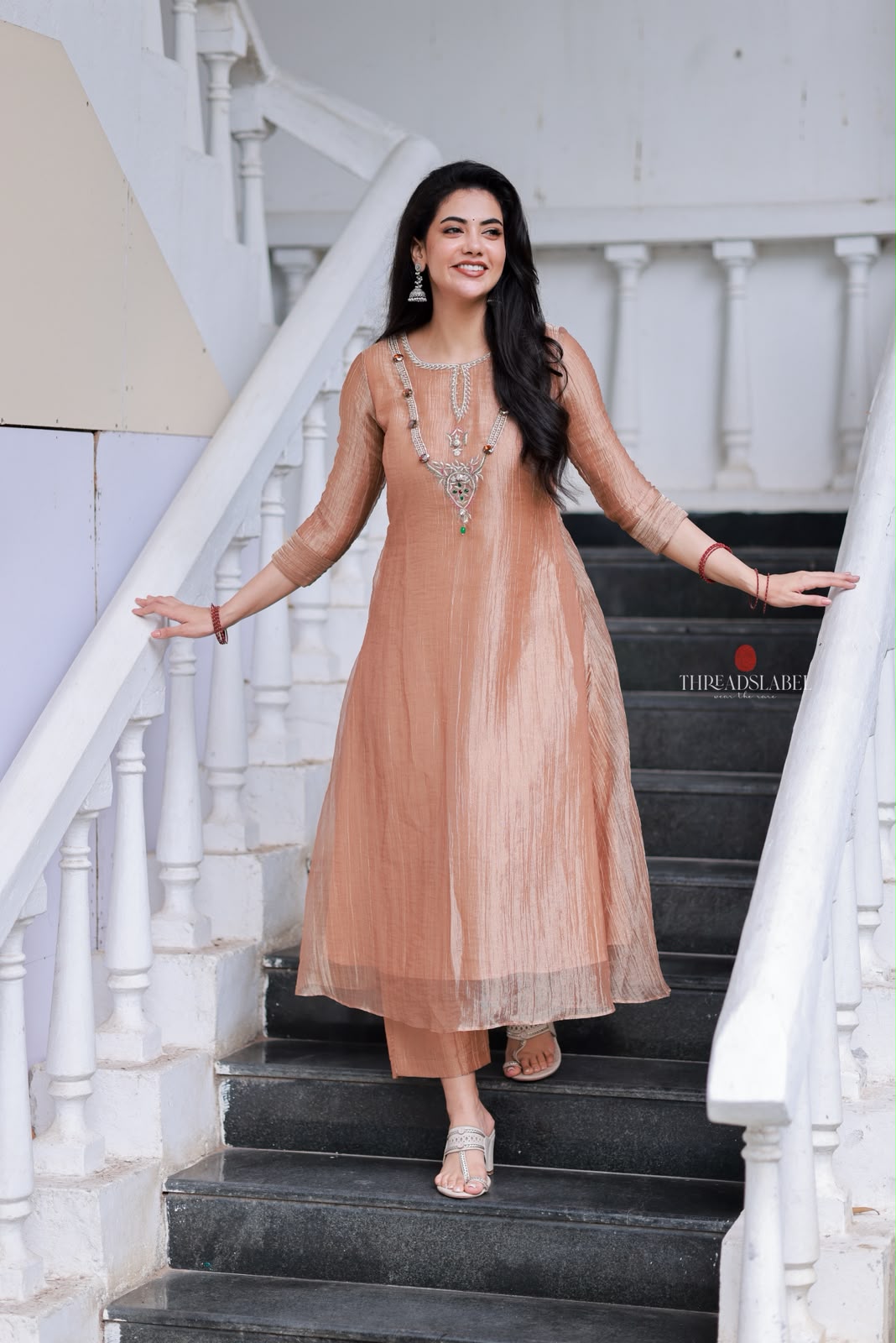 Peach tissue JEWEL NECK kurti