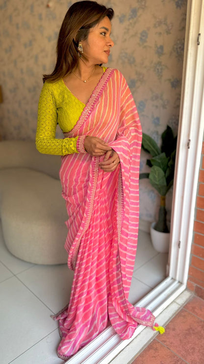 Pink lehariya saree with green hakoba embroidery blouse