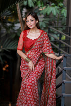 Red cotton kota saree with hand work blouse