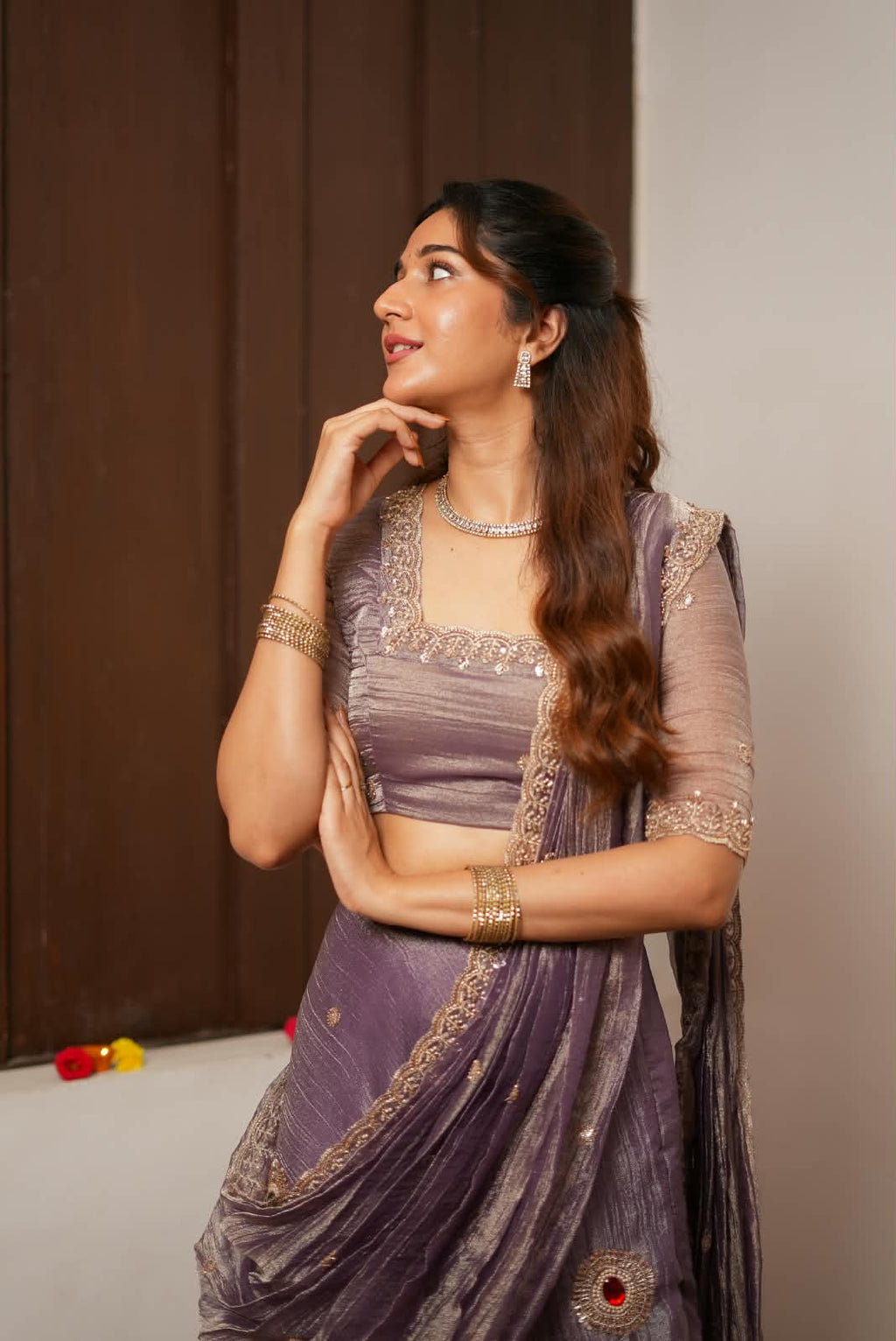 Lavender tissue handmade lehenga with blouse