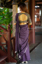 Deep purple mul cotton saree with hand block print blouse