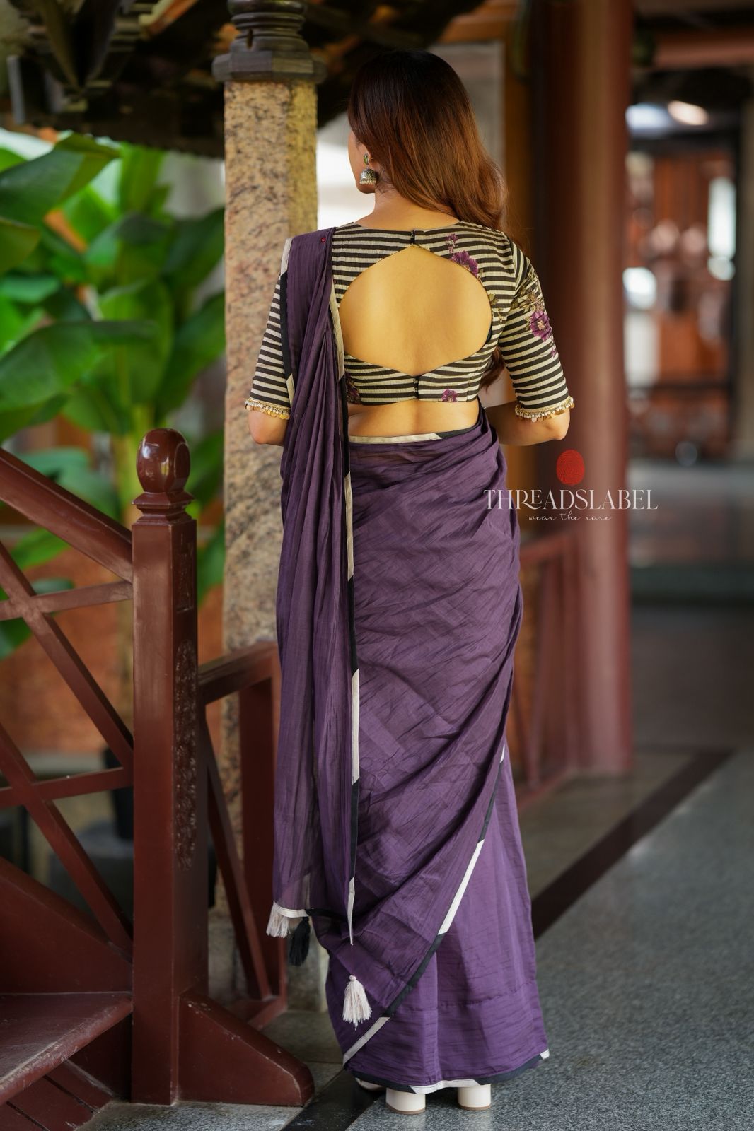 Deep purple mul cotton saree with hand block print blouse