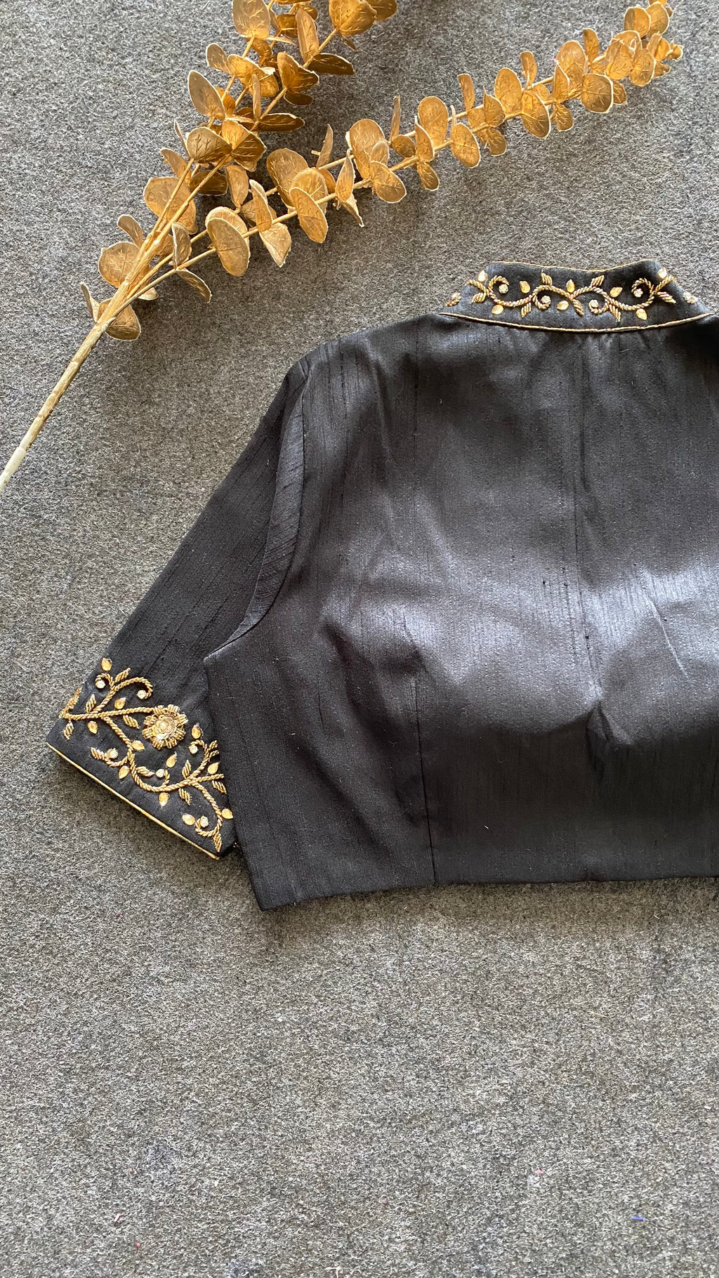 Black silk collar & sleeves hand worked blouse
