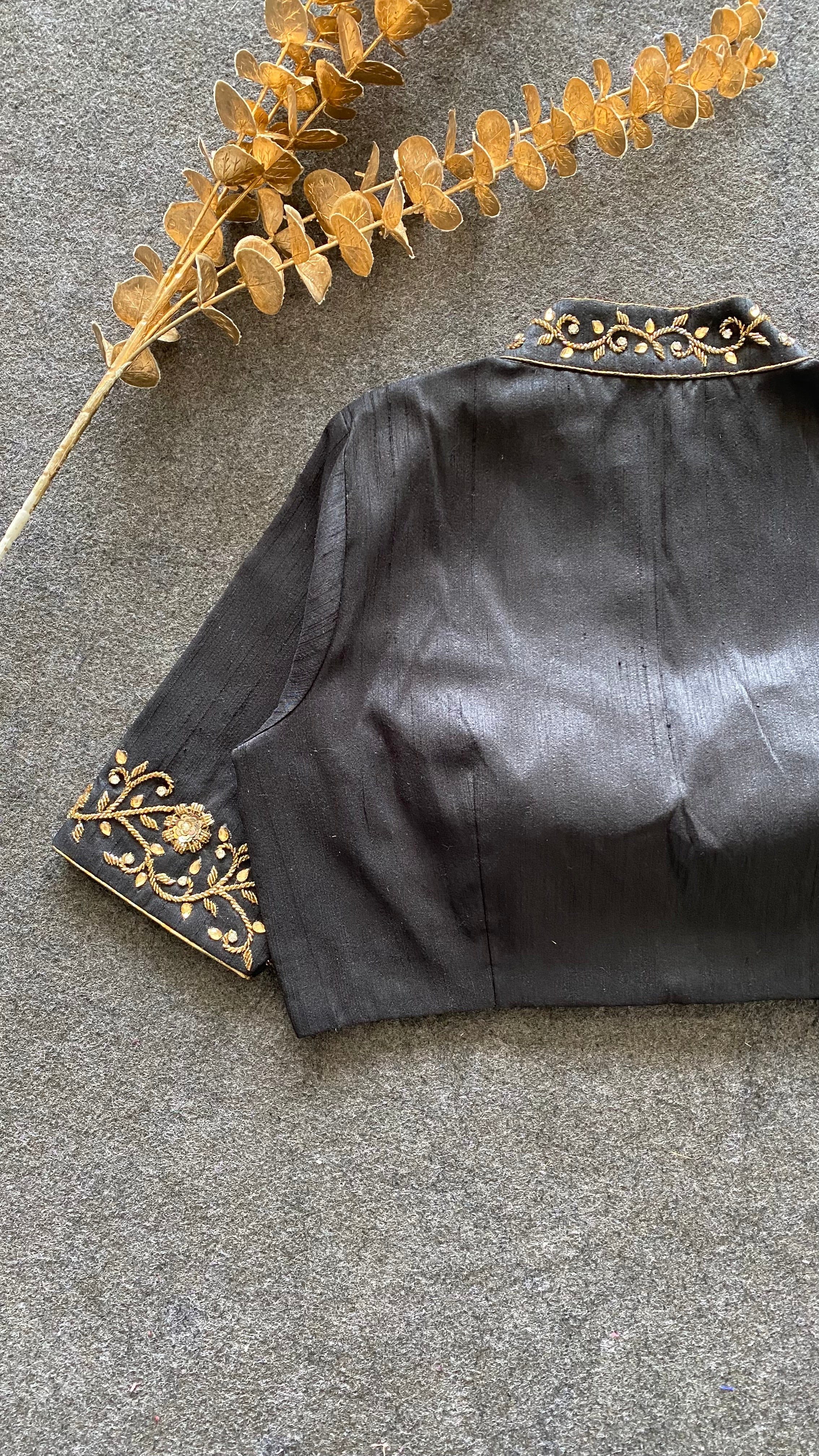 Black silk collar & sleeves hand worked blouse