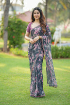 Grey georgette floral print saree (only saree)