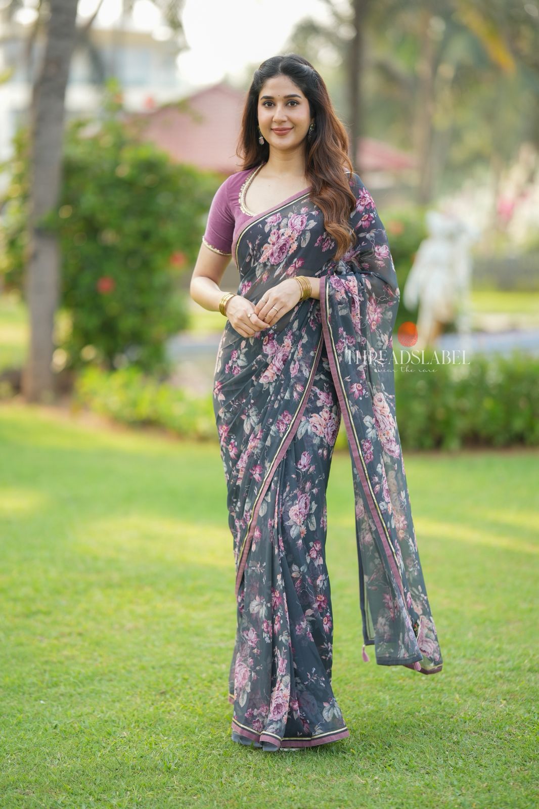 Grey georgette floral print saree (only saree)