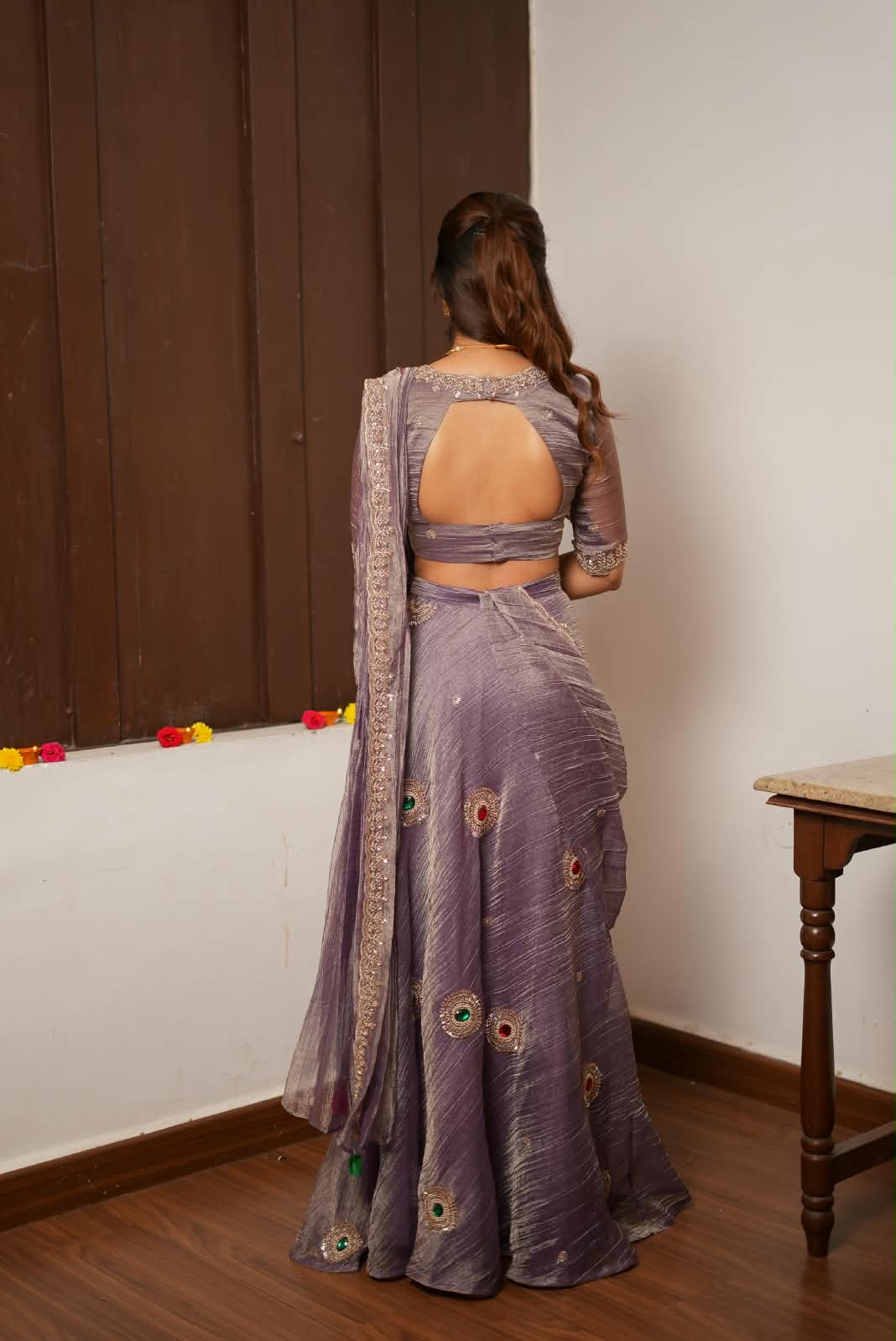 Lavender tissue handmade lehenga with blouse