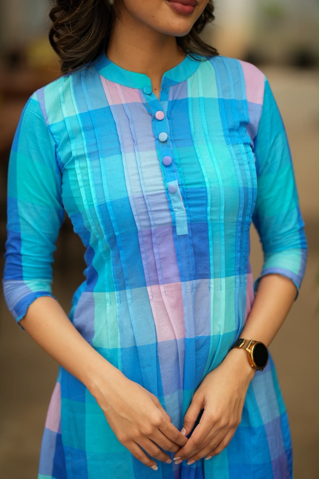 Blue checked cotton 2 piece kurti