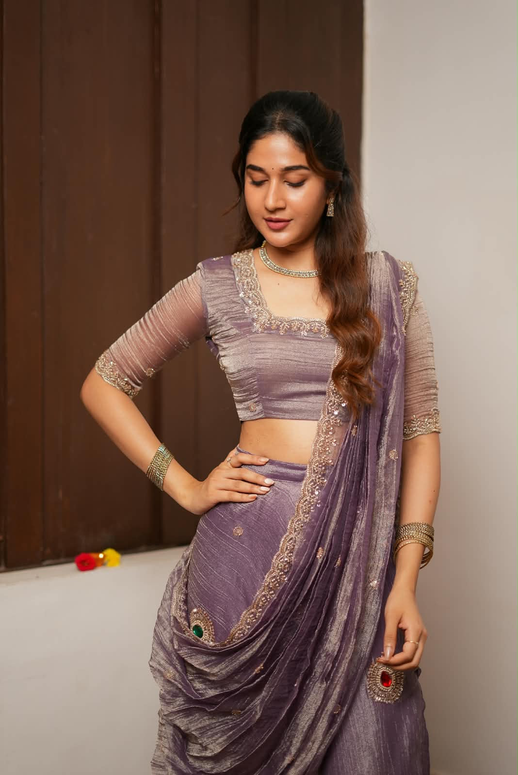 Lavender tissue handmade lehenga with blouse